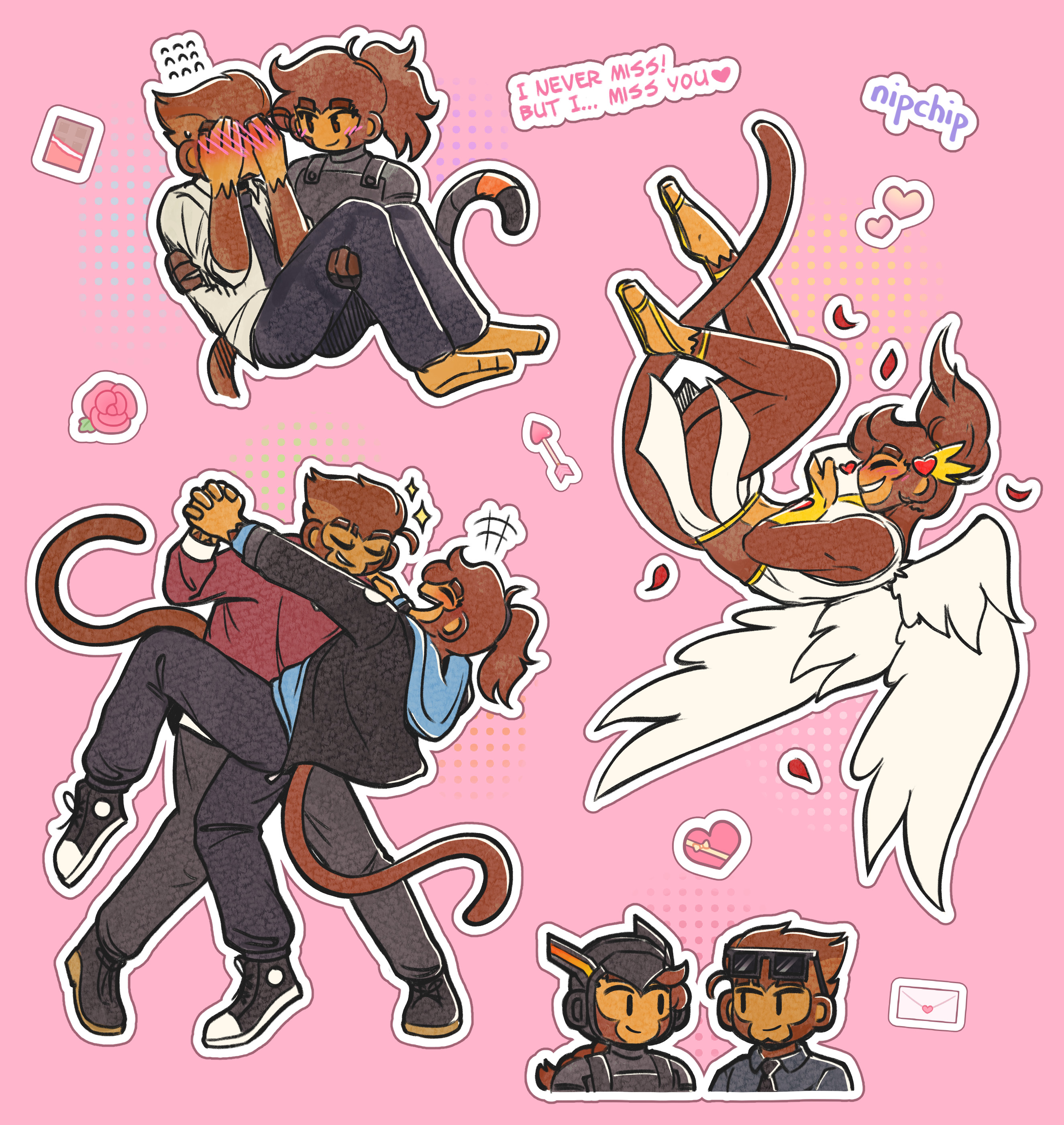 A collection of Quincy x Benjamin doodles. From top to bottom: 1. Quincy holding a flustered Benjamin in a bridal carry. 2. A smiling Cupid Quincy holding a love letter, his body in free fall. 3. Benjamin holding Quincy in a dancing dip. Quincy is laughing happily. 4. Quincy and Benjamin in their level 10 outfits smiling at each other. Additional text reads 'nipchip' and 'I never miss! But I... miss you <3'.